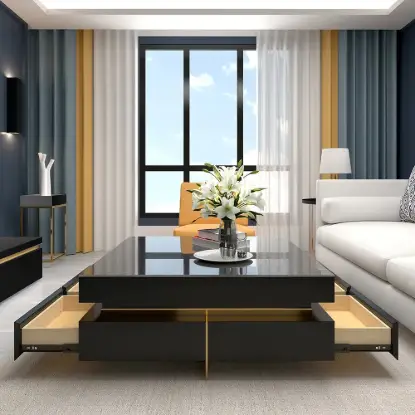 Picture of Modern Rectangle Glossy Black Extendable TV Stand & Square Coffee Table Set with Drawers