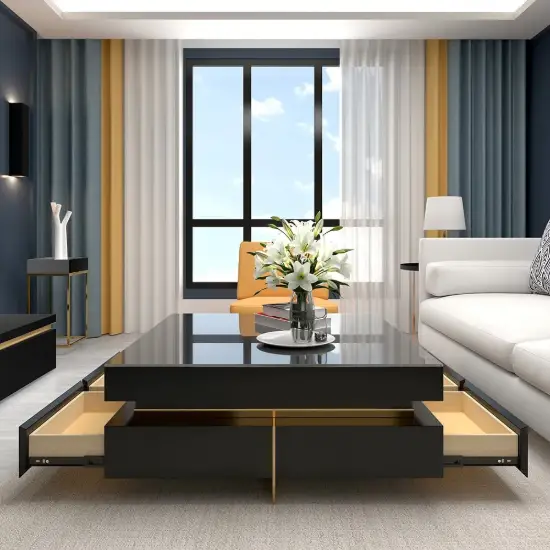 Modern Rectangle Glossy Black Extendable TV Stand & Square Coffee Table Set with Drawers