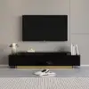 Modern Rectangle Glossy Black Extendable TV Stand & Square Coffee Table Set with Drawers