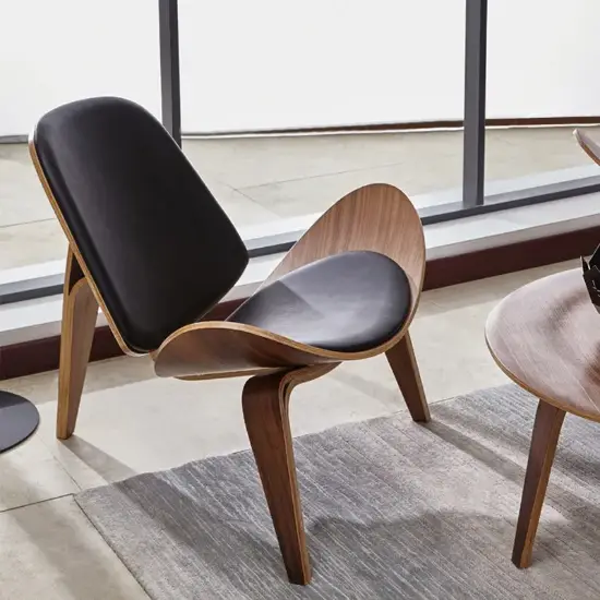 Picture of Modern Tripod Black Leather Shell Lounge Chair (Set of 2) with Single Side in Walnut