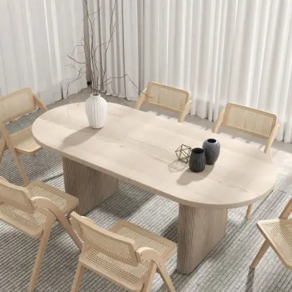 Picture of Japandi 1600mm-2000mm Oval Extendable Whitewash Dining Table & 6 Chairs Solid Wood Set