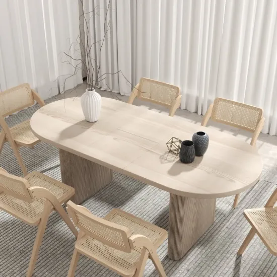 Japandi 1600mm-2000mm Oval Extendable Whitewash Dining Table & 6 Chairs Solid Wood Set