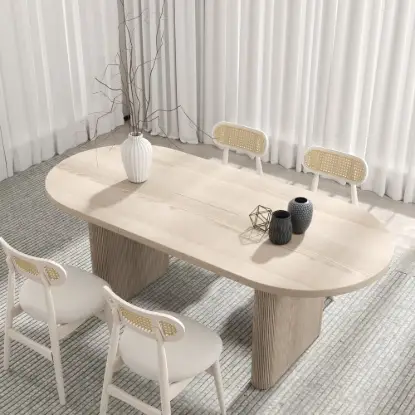 Picture of Japandi Oval Extendable Whitewash Dining Table & 4 Wood Rattan Dining Chairs Set
