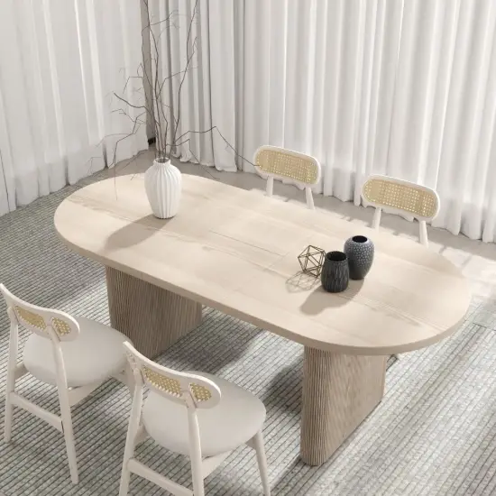 Japandi Oval Extendable Whitewash Dining Table & 4 Wood Rattan Dining Chairs Set