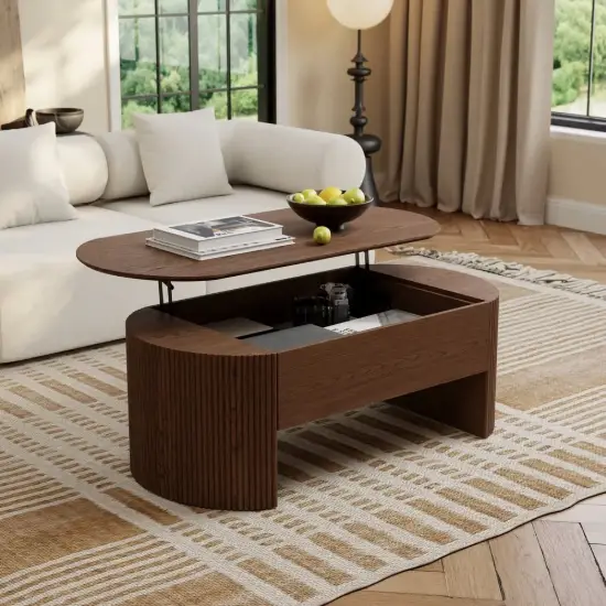 Modern 1194 mm Walnut Oval Fluted Coffee Table with Lift-top