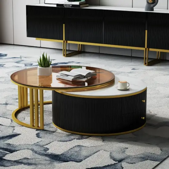 Grovyn 700mm-800mm Round Sintered Stone Glass Nesting Coffee Table Set