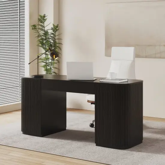 Velign 60" Black Standing Writing Desk with 2-Door Storage Cabinet
