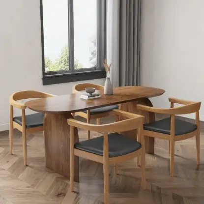 Picture of Oval Dining Table & Curved Back 4 Dining Chairs Upholstered Leather Solid Wood Top