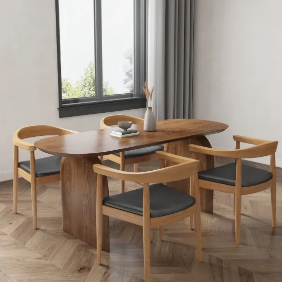 Oval Dining Table & Curved Back 4 Dining Chairs Upholstered Leather Solid Wood Top