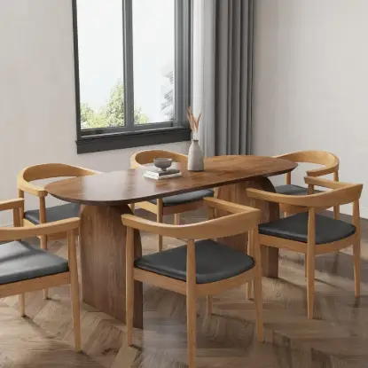Picture of Oval Dining Table & Curved Back 6 Dining Chairs Upholstered Leather Solid Wood Top