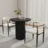 White PU Leather Dining Chairs & Round Small Dining Table Set Black Wood Tabletop