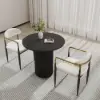 White PU Leather Dining Chairs & Round Small Dining Table Set Black Wood Tabletop