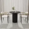 White PU Leather Dining Chairs & Round Small Dining Table Set Black Wood Tabletop