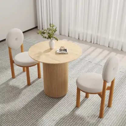Picture of Round Small Dining Table & White Boucle 2 Dining Chairs Set Natural Wood Legs