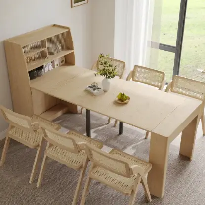 Picture of Modern Extendable Dining Table with Storage & 6 Natural Folding Dining Chairs Solid Wood