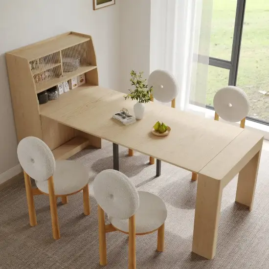 Modern Extendable Dining Table & White 4 Boucle Dining Chairs Set Natural Wood Legs