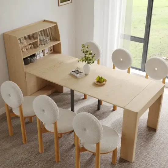 Modern Extendable Dining Table & White 6 Boucle Dining Chairs Set Natural Wood Legs