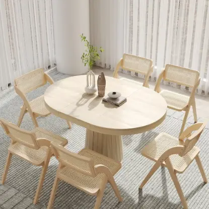 1000mm-1400mm Whitewash Dining Table 6 Dining Chairs Set