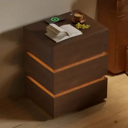 Picture of Lumio Walnut 3-Drawer LED Bedside Table with Charging Station