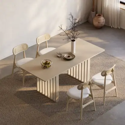 Picture of Japandi Extendable Whitewash Dining Table & 4 Wood Rattan Upholstered Dining Chairs Set