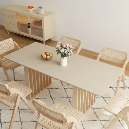 Picture of Japandi Extendable Whitewash Dining Table & 6 Dining Chairs Set Folding Rattan