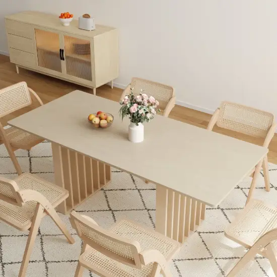 Japandi Extendable Whitewash Dining Table & 6 Dining Chairs Set Folding Rattan