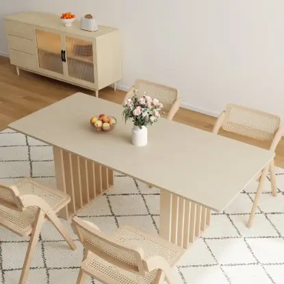 Picture of Japandi Extendable Whitewash Dining Table & 4 Dining Chairs Set Folding Rattan