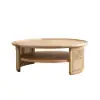 2-Tiered Japandi Round Wood Coffee Table with Rattan Base – 60cm
