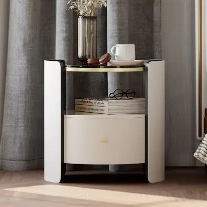 Picture of White Round Leather Bedside Table with Sintered Stone Glass Top