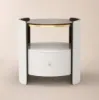 White Round Leather Bedside Table with Sintered Stone Glass Top