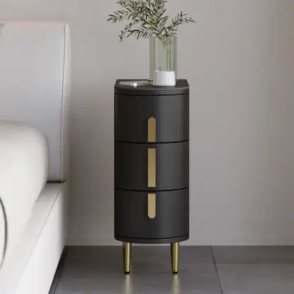 Black Leather 3-Drawer Narrow Bedside Table with Sintered Stone Top
