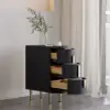 Black Leather 3-Drawer Narrow Bedside Table with Sintered Stone Top