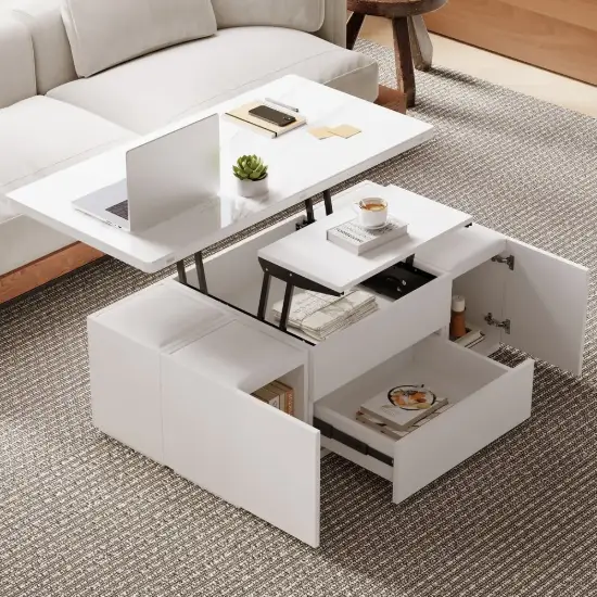 Modern Sintered Stone Lift-Top Coffee Table with Drawers – Matte White