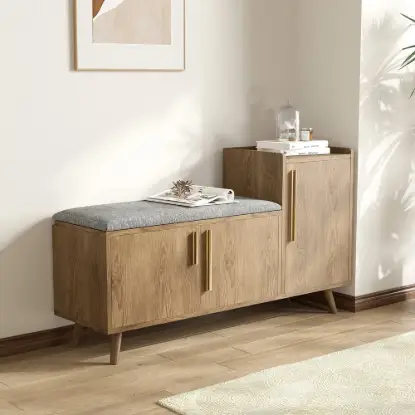 Picture of Walnut Wooden Shoe Storage Bench with Right-Side Cabinet for Entryway (1200mm)