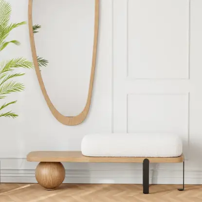 Picture of Natural & Black Wooden Entryway Bench Fleece Upholstered with Abstract Metal Legs