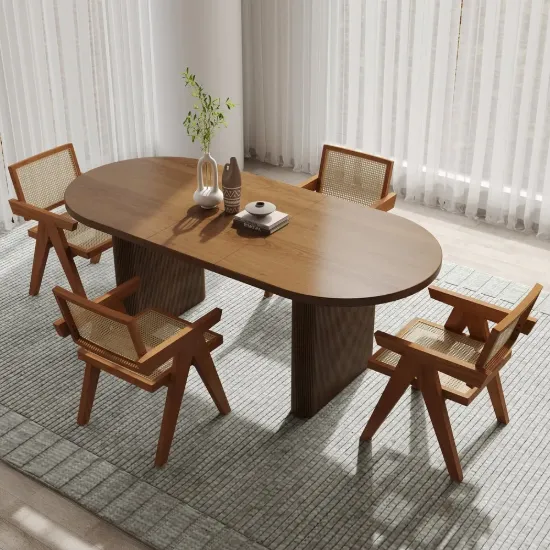 1600mm-2000mm Walnut Dining Table 4 Dining Chairs Set