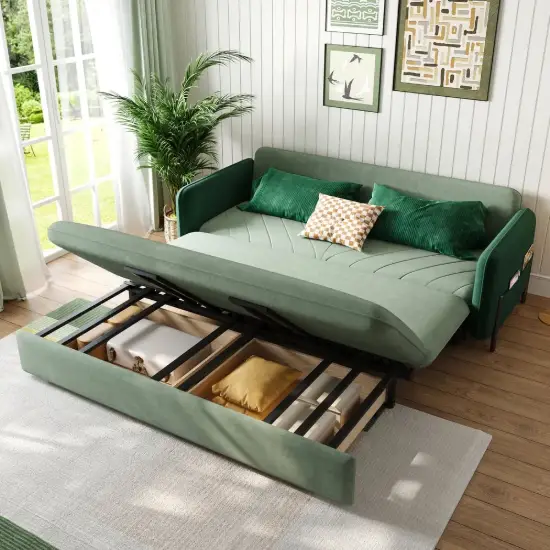 170 cm 3-Seater Green Velvet Convertible Sleeper Sofa with Storage & Pillows – King