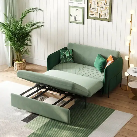 Picture of 135 cm 1-Seater Green Velvet Convertible Sleeper Sofa with Storage & Pillows