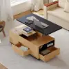 120 cm Lift-Top Extendable Coffee Table with Drawers & Cabinet – Black – Natural