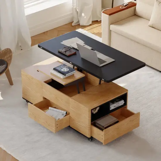 120 cm Lift-Top Extendable Coffee Table with Drawers & Cabinet – Black – Natural