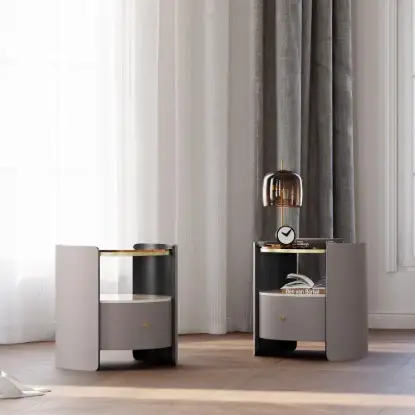 Picture of Gray Round Leather Nightstand with Sintered Stone Glass Top, Set of 2