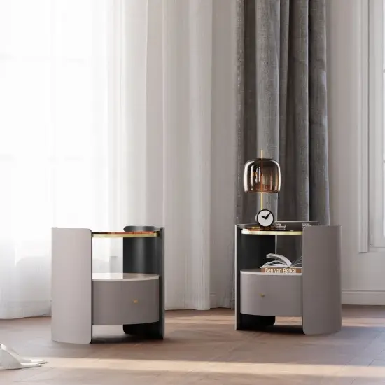 Gray Round Leather Nightstand with Sintered Stone Glass Top, Set of 2