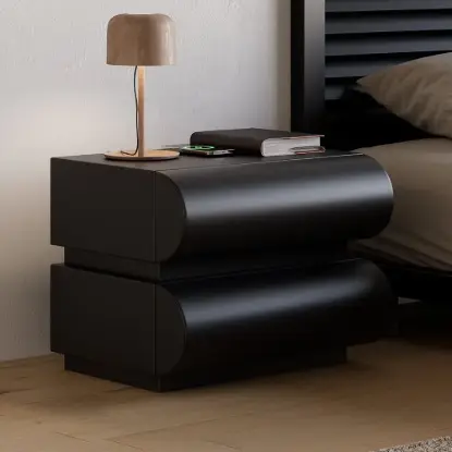 Picture of Humply Black Faux Leather 2-Drawer Nightstand with Charging Station, Set of 2