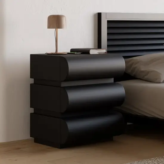 Picture of Humply Black Faux Leather 3-Drawer Nightstand with Charging Station, Set of 2
