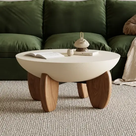 Curva White Boucle Accent Chair with Wood Frame Round Small Modern Beige & Coffee Table Set