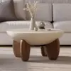 Curva White Boucle Accent Chair with Wood Frame Round Small Modern Beige & Coffee Table Set