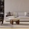 Curva White Boucle Accent Chair with Wood Frame Round Small Modern Beige & Coffee Table Set