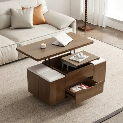 100 cm Lift-Top Foldable Walnut Coffee Table with 4 Stools & Storage