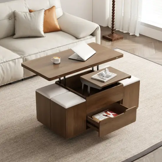 100 cm Lift-Top Foldable Walnut Coffee Table with 4 Stools & Storage