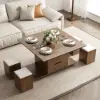 100 cm Lift-Top Foldable Walnut Coffee Table with 4 Stools & Storage